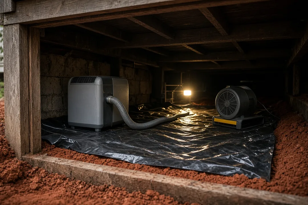 Dehumidifier and fan drying a crawlspace with a plastic vapor barrier