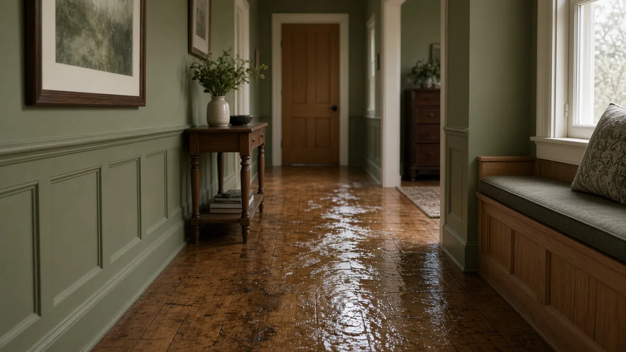 Craftsman bungalow hallway with water pooled on the hardwood floor